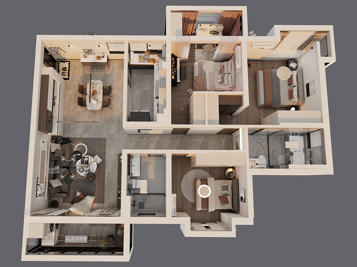 蒋琛｜蔚蓝星座1-804-130㎡-现代简约风格｜3室2厅2卫｜老房装修｜定制家｜全包19万｜00_04鸟瞰图